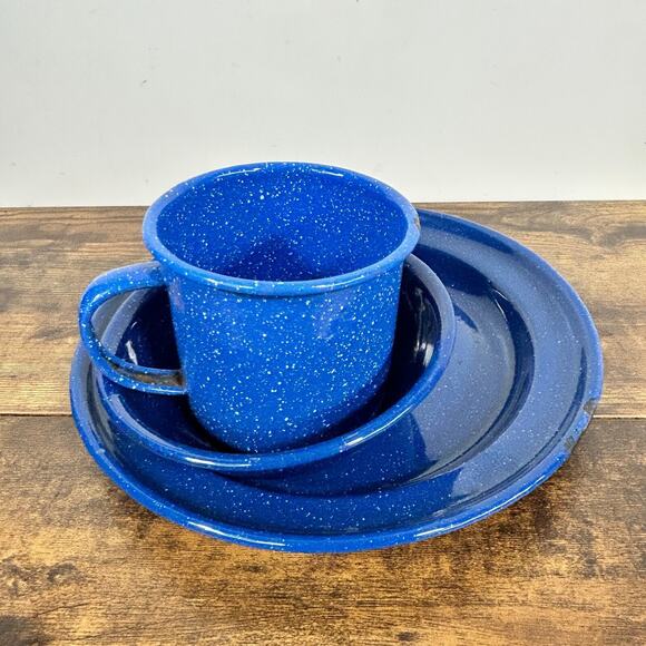 Enamel Ware Blue Speckled Metal Coffee Mug Cup Bowl Plate Cabin Camp Farmhouse - Picture 1 of 13